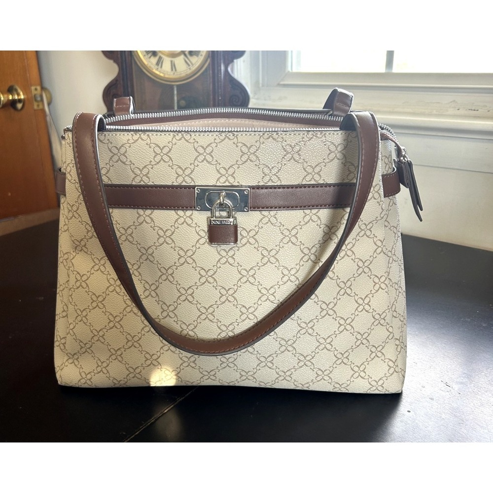 Nine West Brown Faux Leather Tote Bag Purse Neutral Minimalist Style Lock Charm